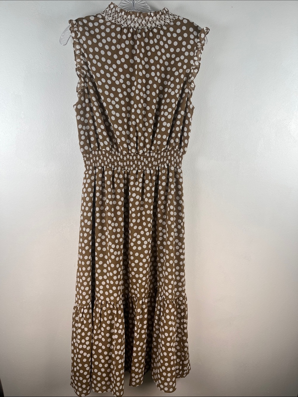 J. Crew Brown & White Polka Dot Sleeveless Midi Dress with Smocked Waist Sz S - Picture 2 of 7